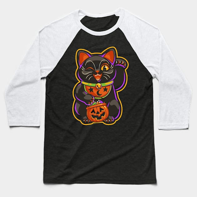 Halloween Lucky Black Cat Maneki Neko Baseball T-Shirt by CTKR Studio